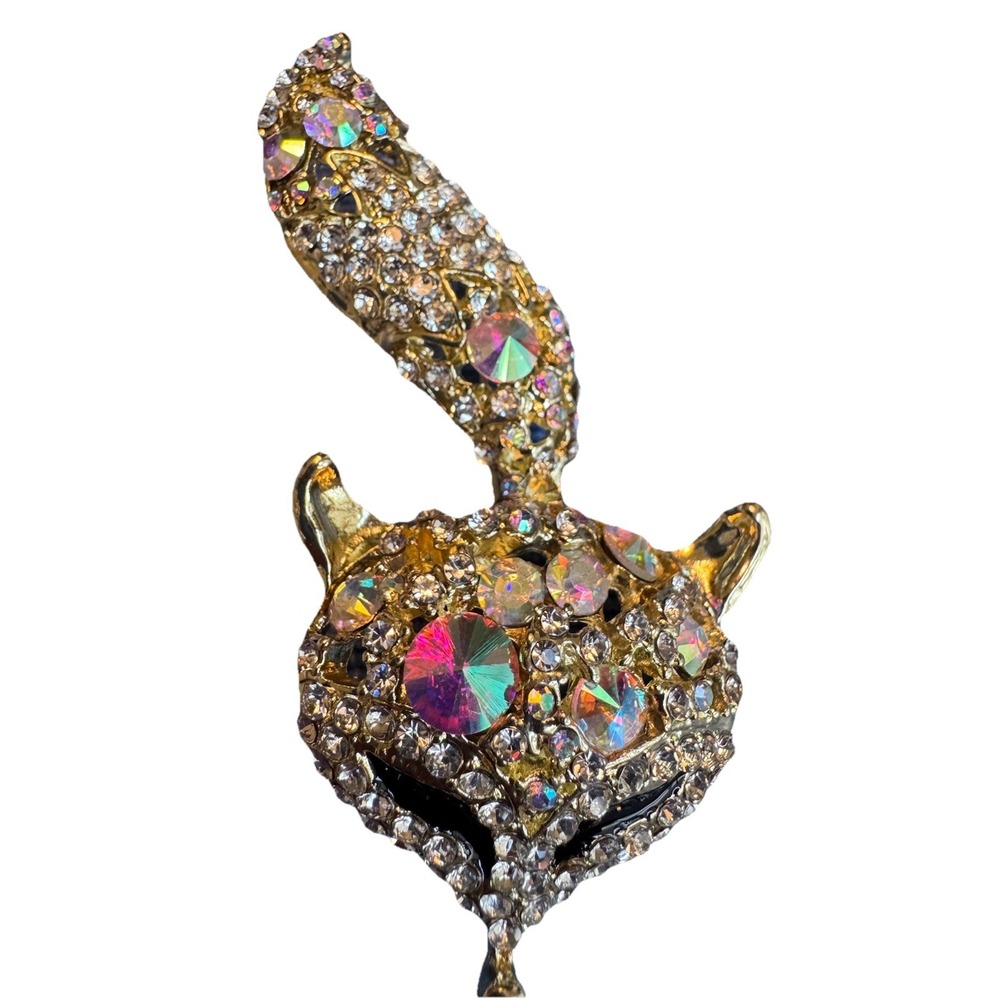 Rhinestone Fox Head Brooch Pin AB Crystal Pavé Gold Tone Figural Animal Jewelry